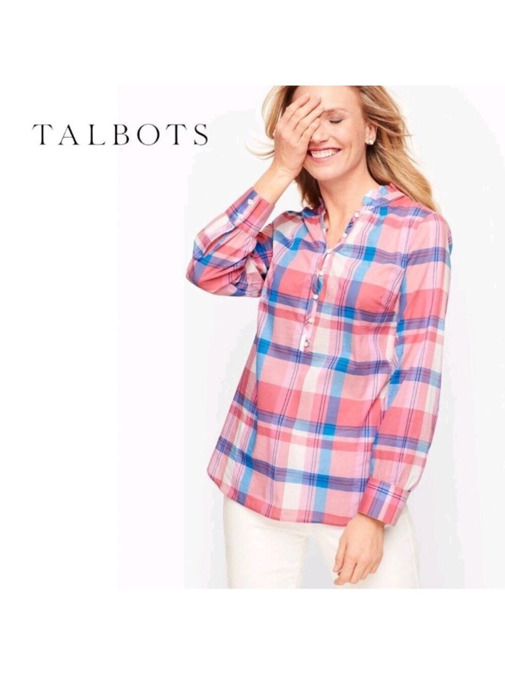 Talbot's Plus Petites Plaid Popover Blouse Ruffled Collar Pink White Blue Sz 2XP